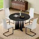 Modern 5-Piece Round Dining Table Set with 4 Chairs, Black Wood Grain MDF Tabletop, Black-White Gradient Metal Base, White PU Upholstered Dining Chairs for Kitchen & Dining Room