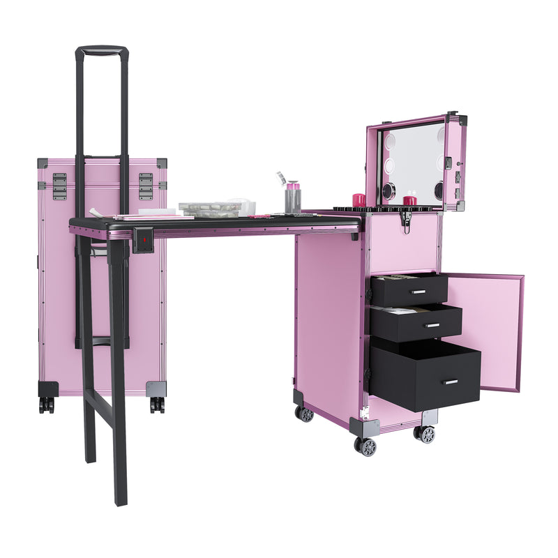 Portable Nail Art Table with LED Mirror, Bluetooth, Lockable Drawers, Telescopic Pole - Folding Manicure Station in Pink Plastic