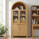 71' Fluted Tall Arched Pantry Cabinet with Adjustable Shelves, Elegant Display Storage with Hidden Drawer & Glass Door for Kitchen, Living Room, Dining Room, Oak