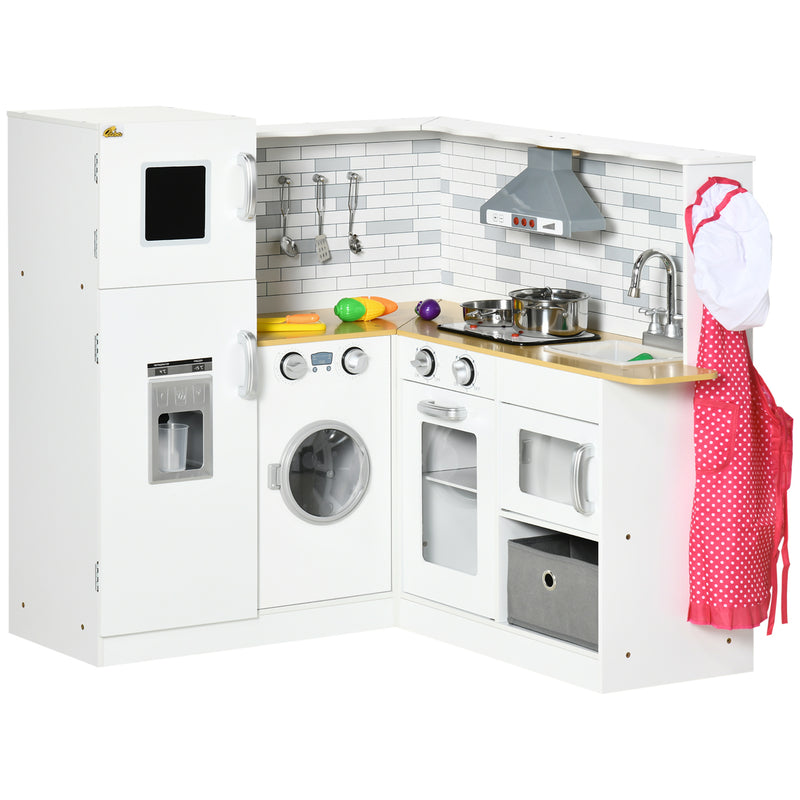 Qaba Corner Play Kitchen Set with Sound Effects and Tons of Countertop Space, Large Wooden Kitchen with Washing Machine, Food Toys, Ice Maker, Kids Kitchen, Ages 3-6, White