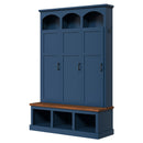 Classic Arched Design Hall Tree with 3 Hidden Storage, Farmhouse Mudroom with Walnut Bench, Mid-Century All-in-One Entryway Organizer with 5 Hooks for Hallway, Blue