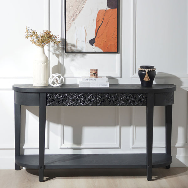 59.2in Black Carved Wooden Console Table with Lower Storage Shelf  Tow Drawers– Elegant Decorative Accent for Entryway, Living Room, and Hallway