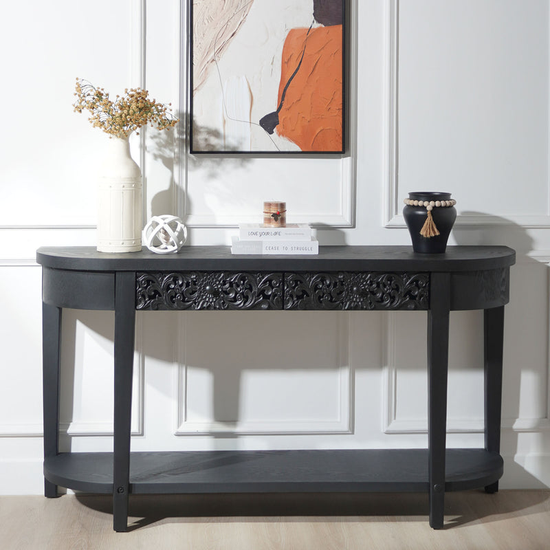 59.2in Black Carved Wooden Console Table with Lower Storage Shelf  Tow Drawers– Elegant Decorative Accent for Entryway, Living Room, and Hallway