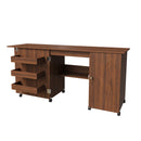 Walnut Foldable Sewing Machine Table with Locking Casters, Multi-Storage Craft Station with Shelves, Bins & Cabinet, Adjustable Desk for Home, Bedroom, and Craft Room