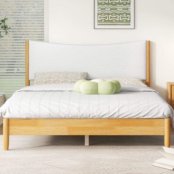 Queen Size, Solid Rubber Wooden Bed with Boucle Upholstered Headboard, Enhanced by Support Feet,Beech White