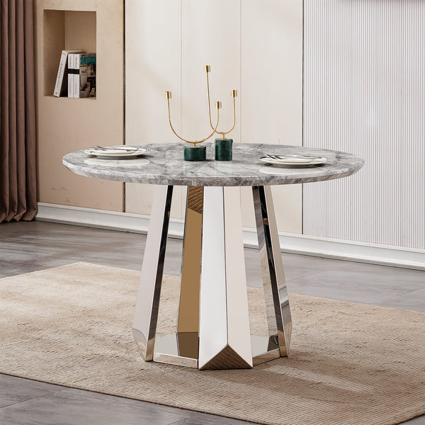 47' Round Marble Dining Table, Modern Kitchen Table with High Gloss Faux Marble Tabletop and Stainless Steel Base for Dining Room, Kitchen (Sliver,Gray)(only table)