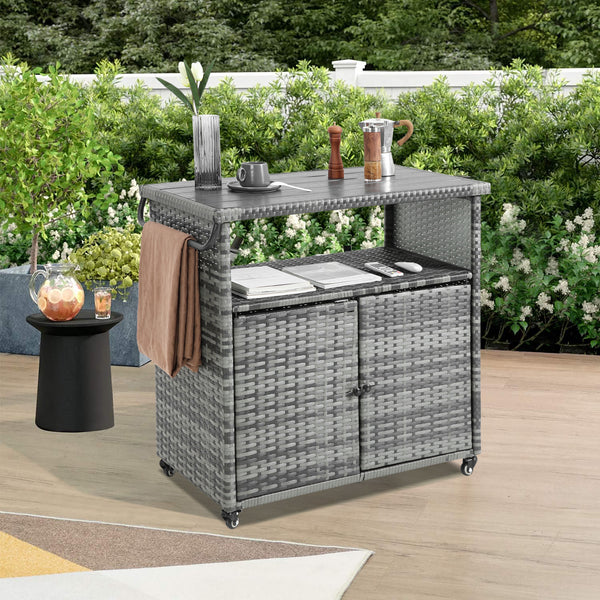 Outdoor Wicker Bar Cart, Patio Wine Serving Cart w/Wheels , Rolling Rattan Beverage Bar Counter Table w/Glass Top for Porch Backyard Garden Poolside Party, Light brown