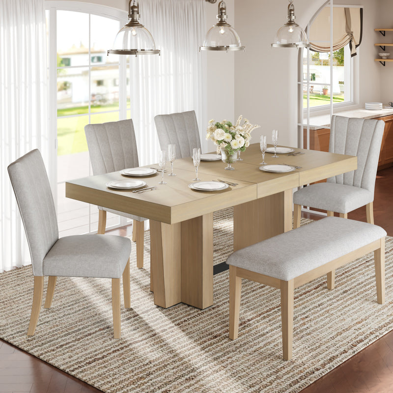 TOPMAX Farmhouse 78.1inch Extendable Wood Dining Table Set for 6, Kitchen Table Set with Bench and 4 Upholstered Chairs,3.8inch Thick Tabletop and Trestle Legs for Kitchen, Dining Room, Natural