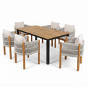 7-Piece Outdoor Dining Set with Acacia Wood Table and 6 Rope Chairs, Teak Color Frame, Beige Cushions, Weather-Resistant Furniture
