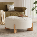 32' Round Tufted Ottoman with Solid Wood Legs, Modern Coffee Table with Tufted Buttons, Piping Lines, Chenille Fabric Footrest for Living Room