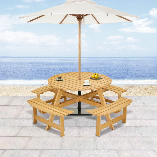 8-Person Outdoor Round Picnic Table Set with 4 Built-in Benches & Umbrella Hole - Perfect for Garden, Backyard, Porch & Patio - Natural Wood