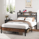 Full size bed frame, wooden platform bed frame, bedside with soft package and 2 USBs, no noise, no need for spring mattress and simple assembly tools, large bed bottom storage space, brown