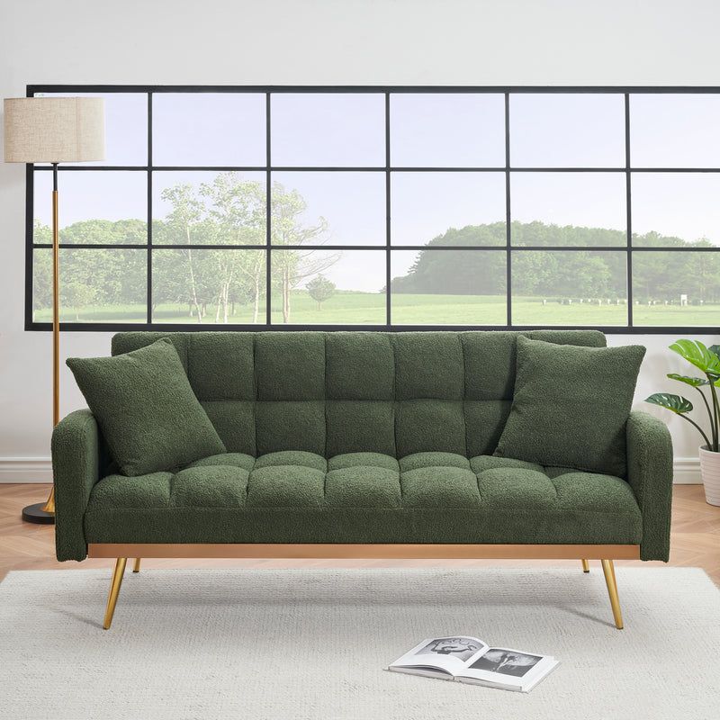 69 Inch Sofa Bed Green with Adjustable Teddy Sofa for Small Space Living Room and Bedroom