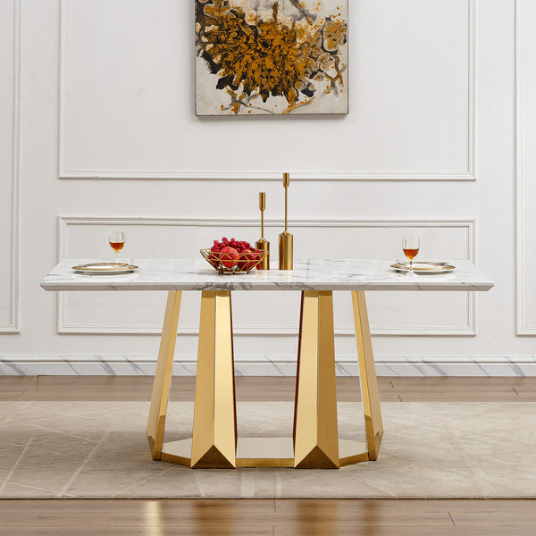 Marble Dining Table for 6 People, 70'' Rectangle Faux Marble Dining Table with Mirrored Finish Stainless Steel Base, Modern Large Size Marble Kitchen Table (Gold,White)(only table)