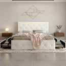 Queen Size Bed Frame with LED Light and 4 Storage Drawers, PU Upholstered Bed Frame with Adjustable Headboard, Diamond Crystal Button, Charging Station, Metal Frame, No Box Spring Needed, White