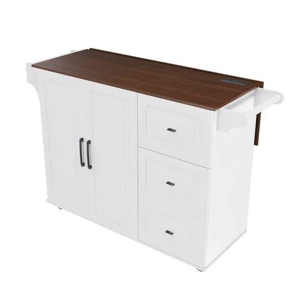 White Kitchen Island Cart with Foldable Tabletop & Drop Leaf - Mobile Breakfast Bar with Wood Top and Storage