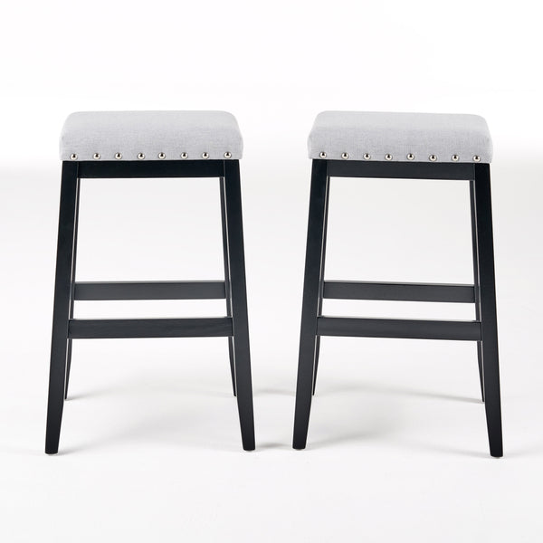 Greely Saddle Barstool Set with Fabric Upholstery in Light Grey and Wood Construction