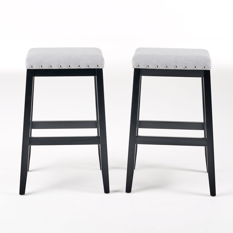 Greely Saddle Barstool Set with Fabric Upholstery in Light Grey and Wood Construction