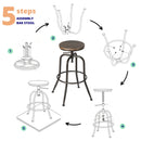 Set of 2 Adjustable Industrial Bar Stools - Walnut Wood Seat with Black Metal Frame