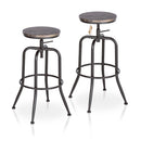 Set of 2 Adjustable Industrial Bar Stools - Walnut Wood Seat with Black Metal Frame