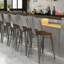 24In Set of 2 Rustic Industrial Metal Barstools with Wood Seats