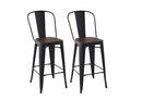 29In Set of 2 Modern Black Metal Barstools with Wooden Seats