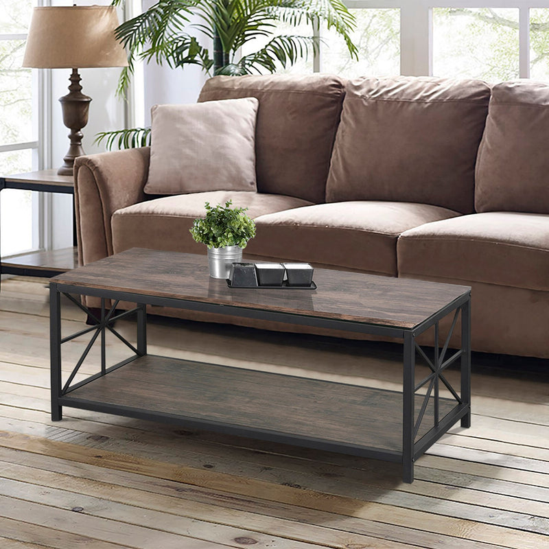 Living Room Brown Wood and Metal Frame with Shelf Coffee Table - GRAIN MDF