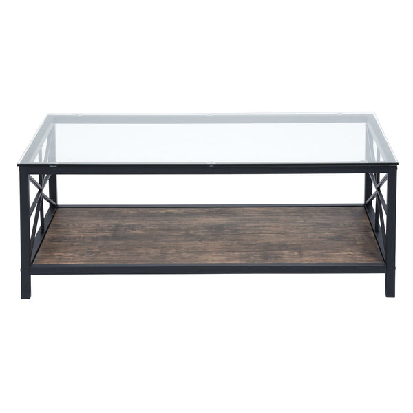 Living Room Black Glass Top Wooden Base Coffee Table - GRAIN GLASS