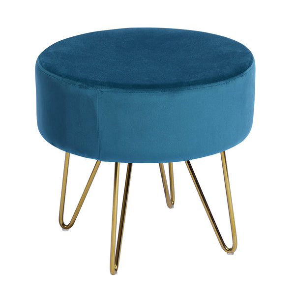 Velvet Round Ottoman Stools with Metal Legs, Teal